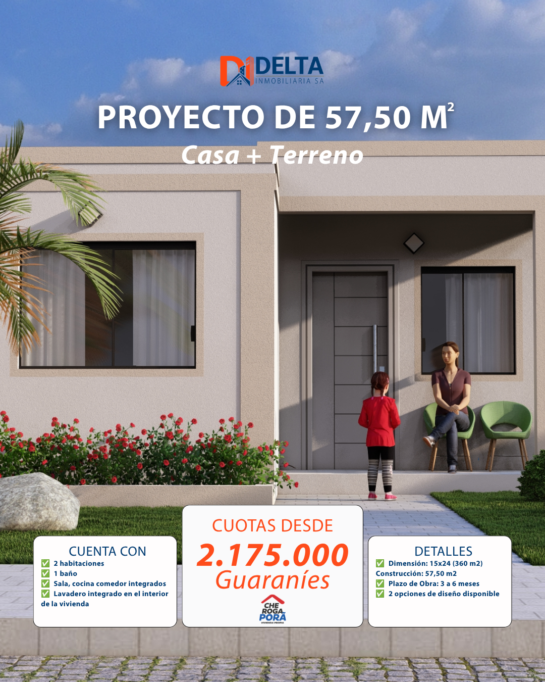 Ficha del proyecto de 57,50 m²: dos habitaciones y un baño